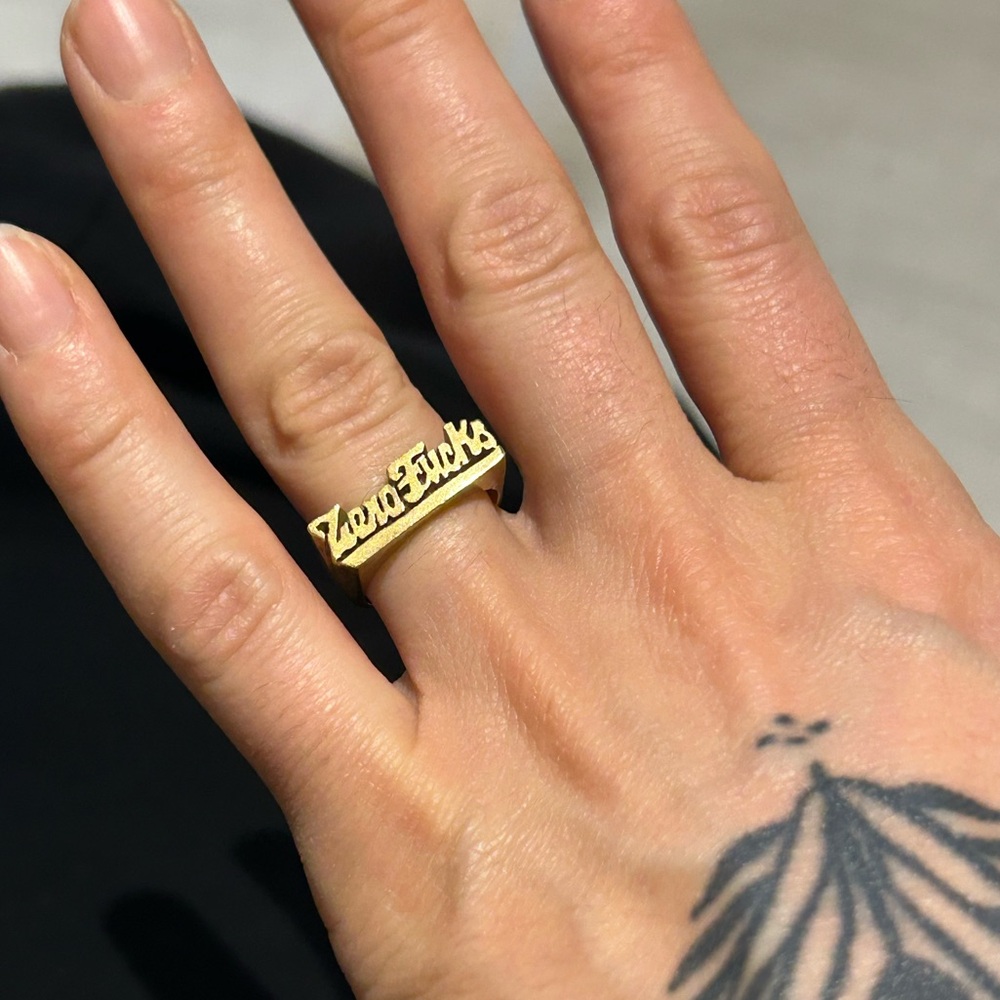 Zero F*cks Solid Brass Text Statement Ring
